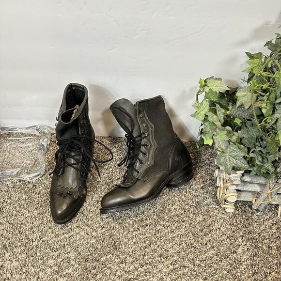 Vintage Durango 5.5 M Black Leather Kiltie Lace Up Witch Boots Western NEW - Picture 1 of 8